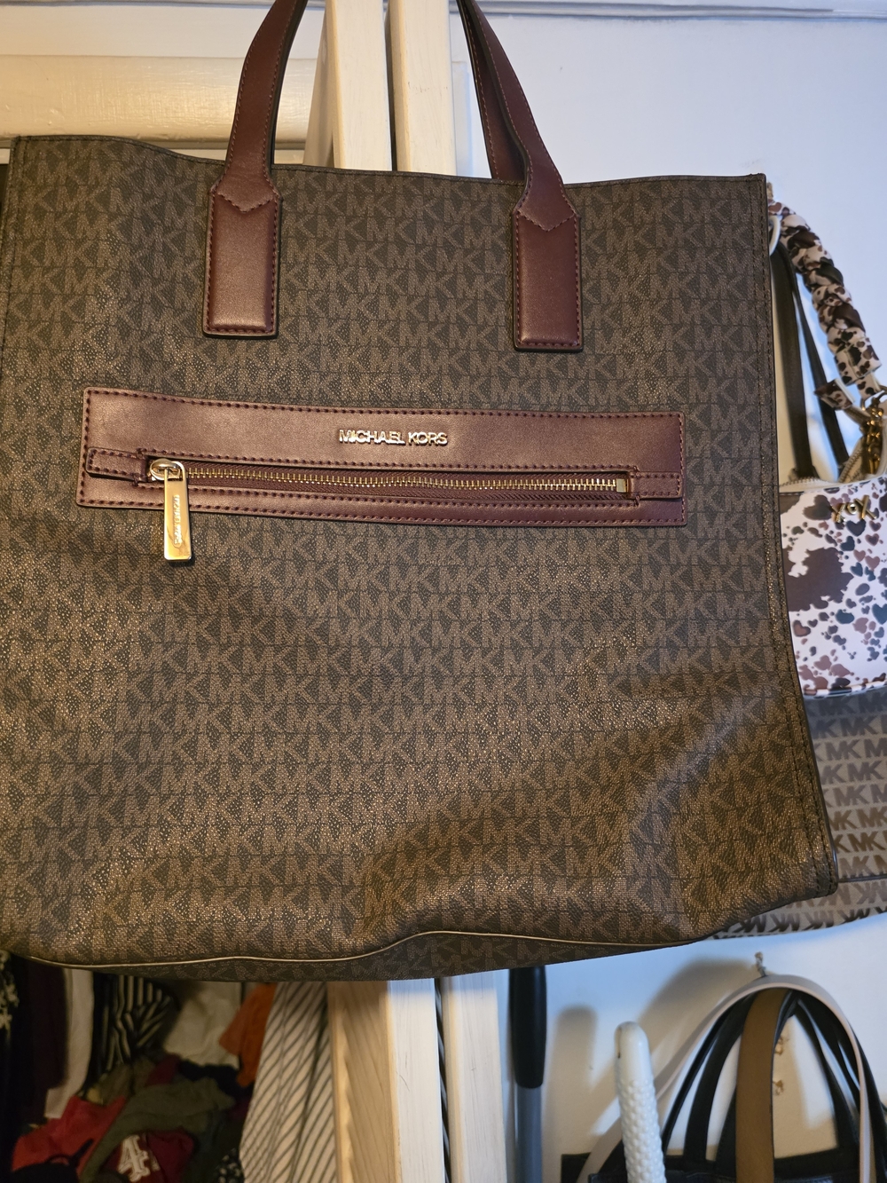 Michael Kors Brown Monogram Tote with Burgundy Trim and Gold Hardware